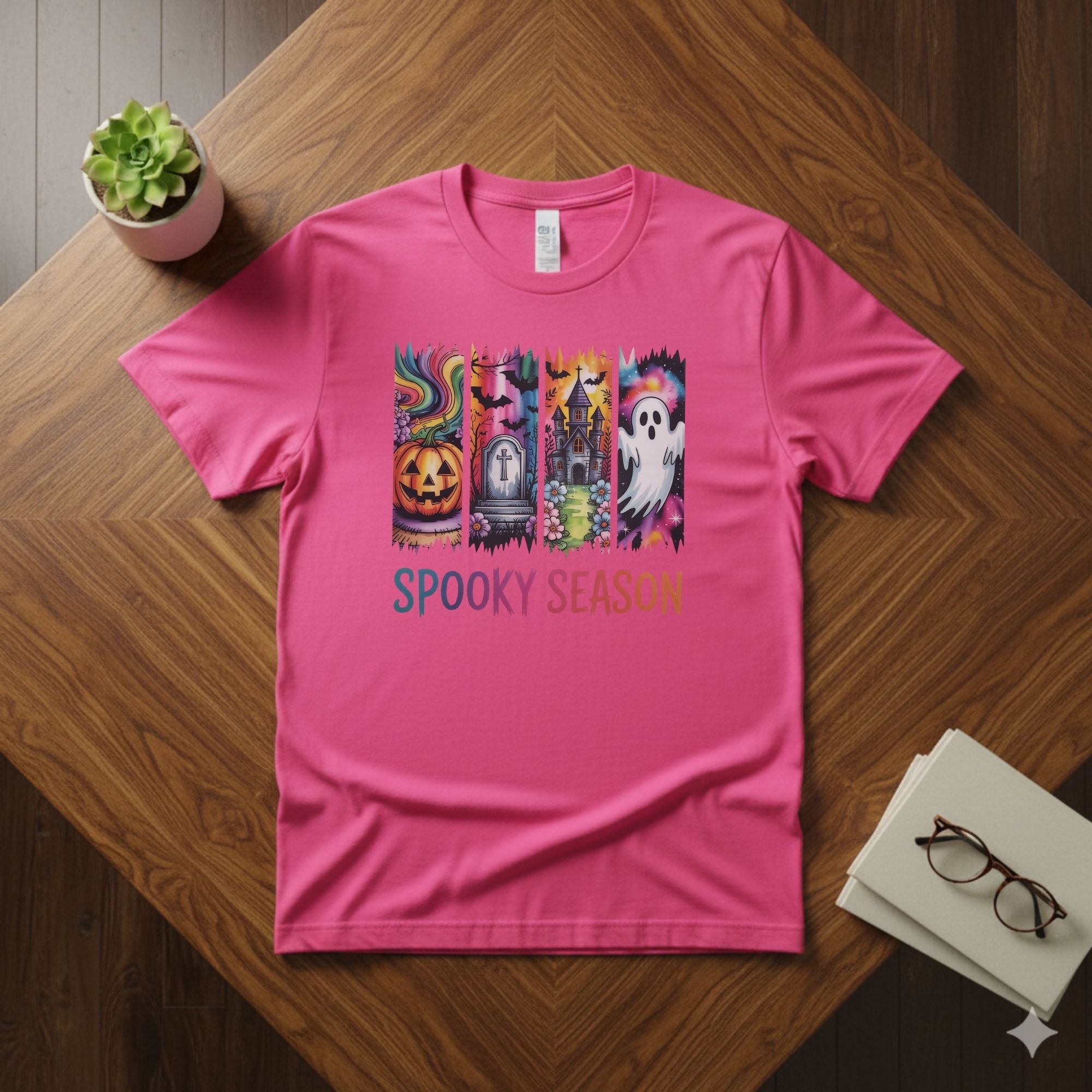 Vibrant Spooky Season Panels Tee | Watercolor Halloween Collage Graphic Shirt