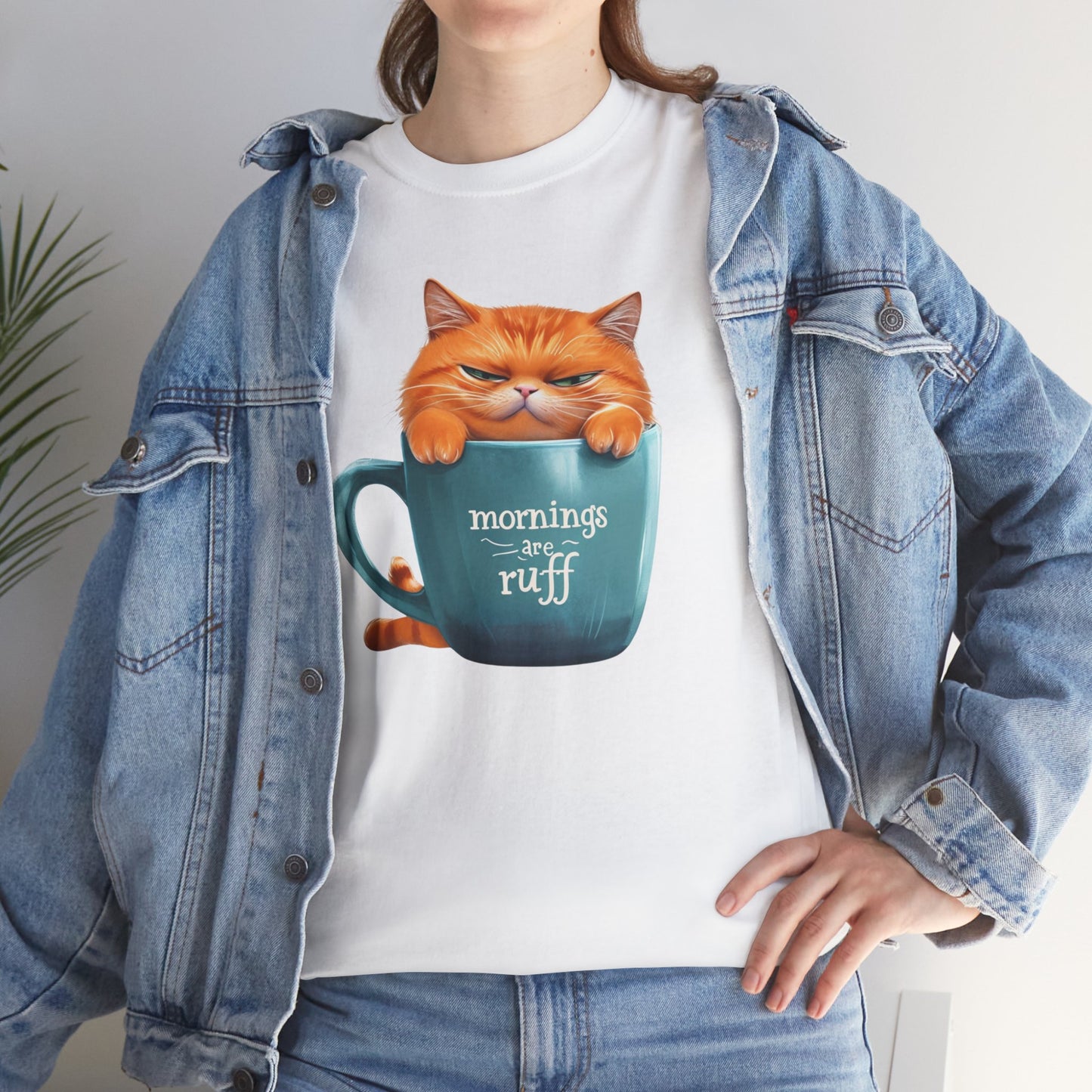 Cat Mug Tee — 'Mornings are Ruff' Funny Cat Graphic T-Shirt