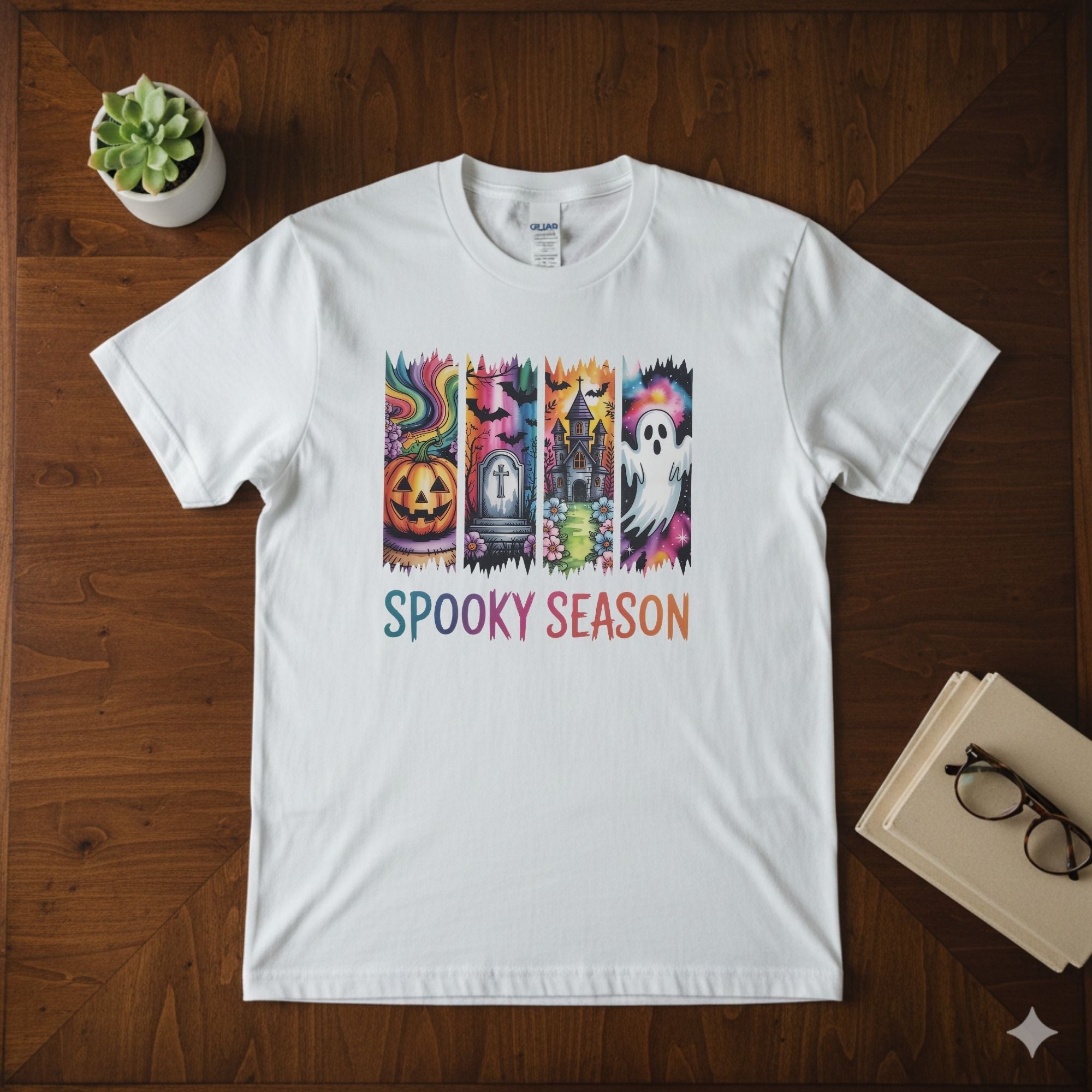 Vibrant Spooky Season Panels Tee | Watercolor Halloween Collage Graphic Shirt