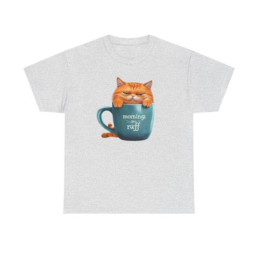 Cat Mug Tee — 'Mornings are Ruff' Funny Cat Graphic T-Shirt