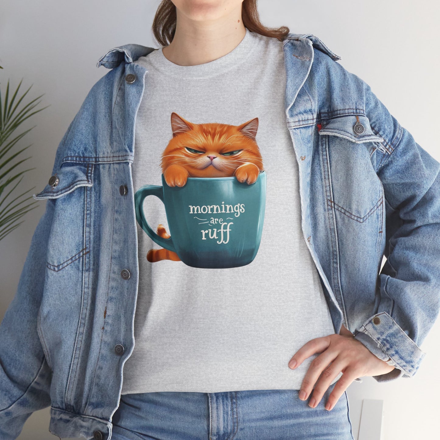 Cat Mug Tee — 'Mornings are Ruff' Funny Cat Graphic T-Shirt