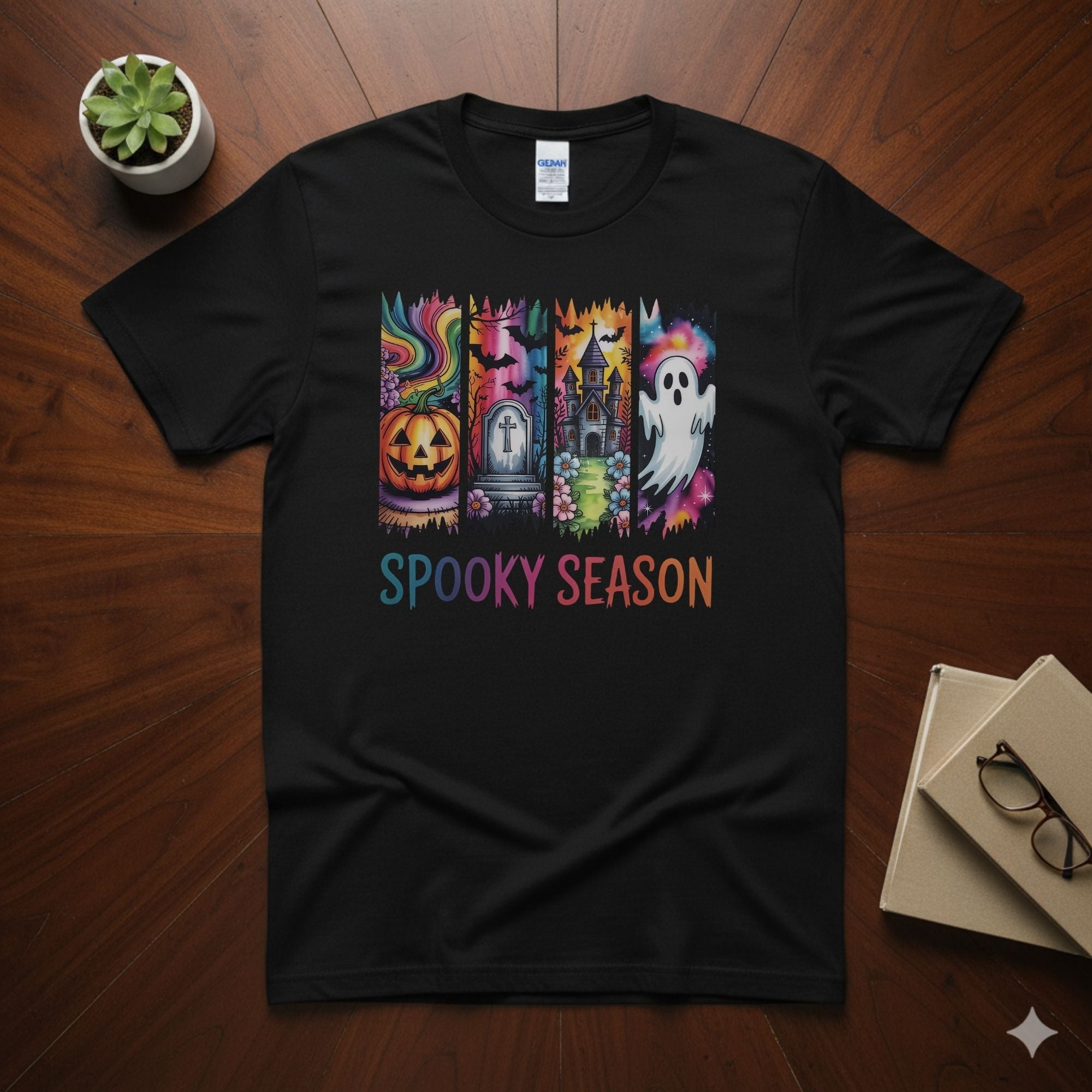 Vibrant Spooky Season Panels Tee | Watercolor Halloween Collage Graphic Shirt