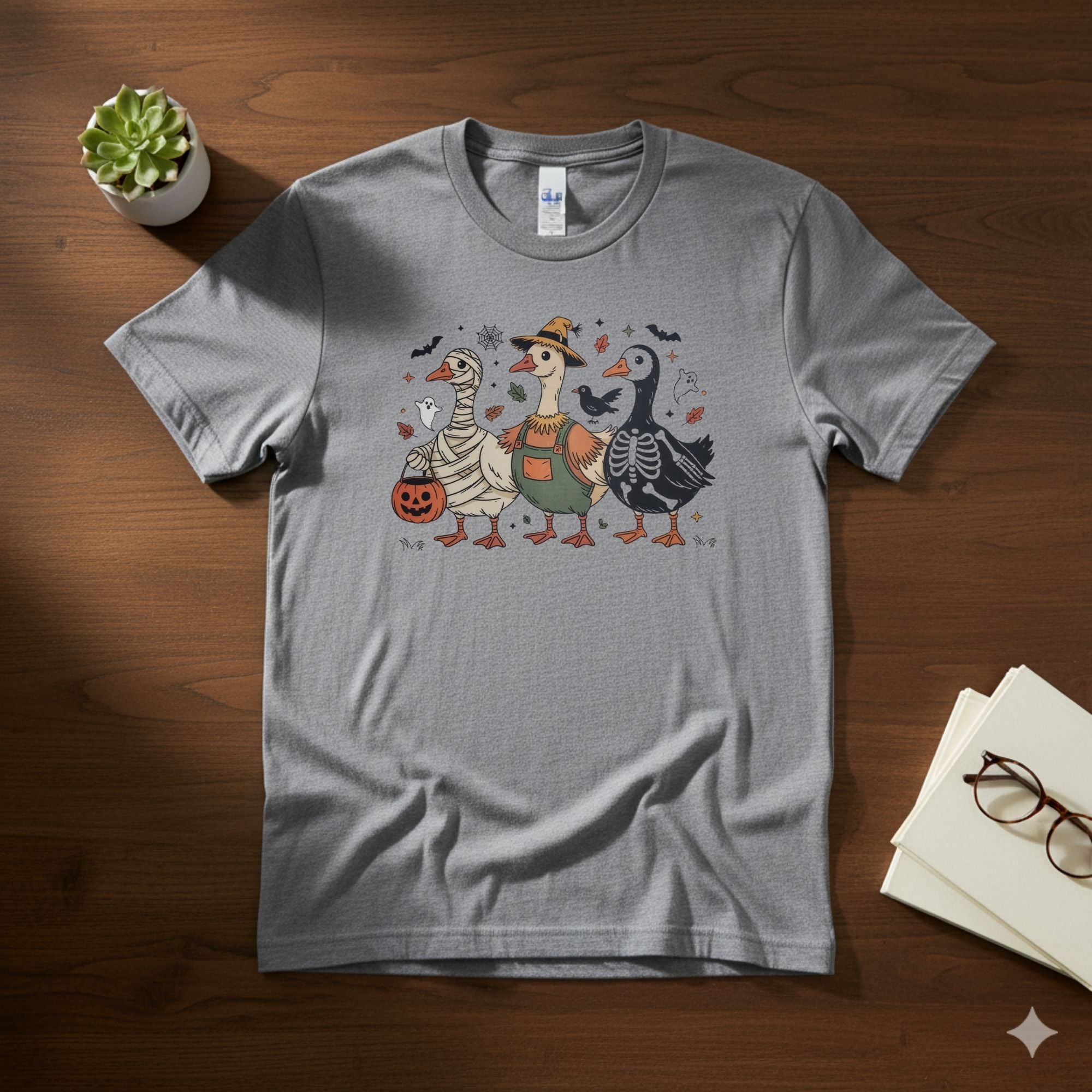 Funny Halloween Geese Trio Tee | Quirky Trick-or-Treating Goose Shirt