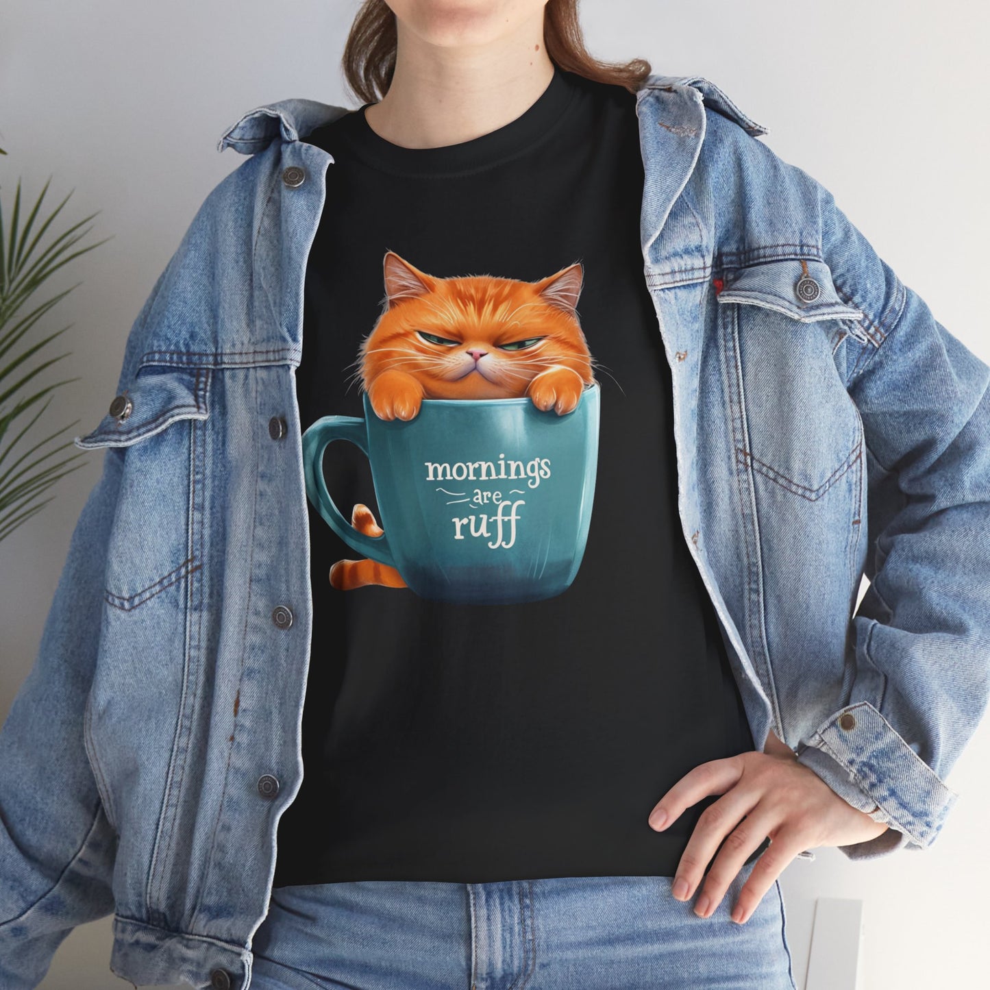 Cat Mug Tee — 'Mornings are Ruff' Funny Cat Graphic T-Shirt
