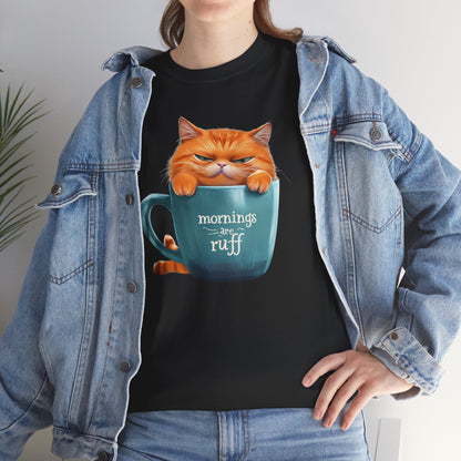 Cat Mug Tee — 'Mornings are Ruff' Funny Cat Graphic T-Shirt