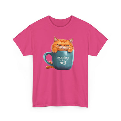 Cat Mug Tee — 'Mornings are Ruff' Funny Cat Graphic T-Shirt