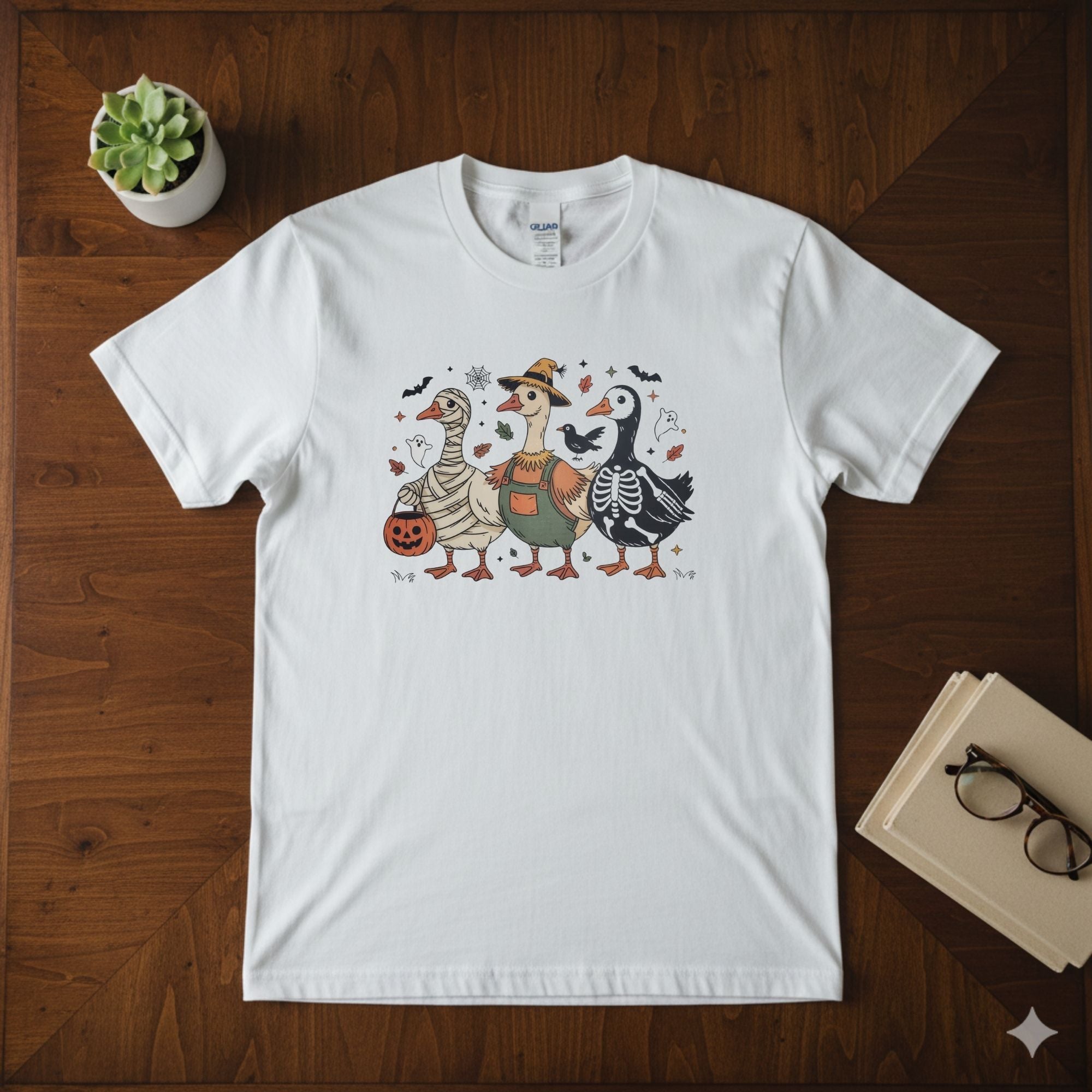 Funny Halloween Geese Trio Tee | Quirky Trick-or-Treating Goose Shirt