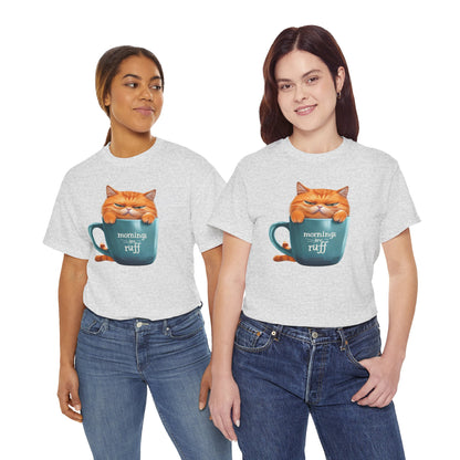 Cat Mug Tee — 'Mornings are Ruff' Funny Cat Graphic T-Shirt