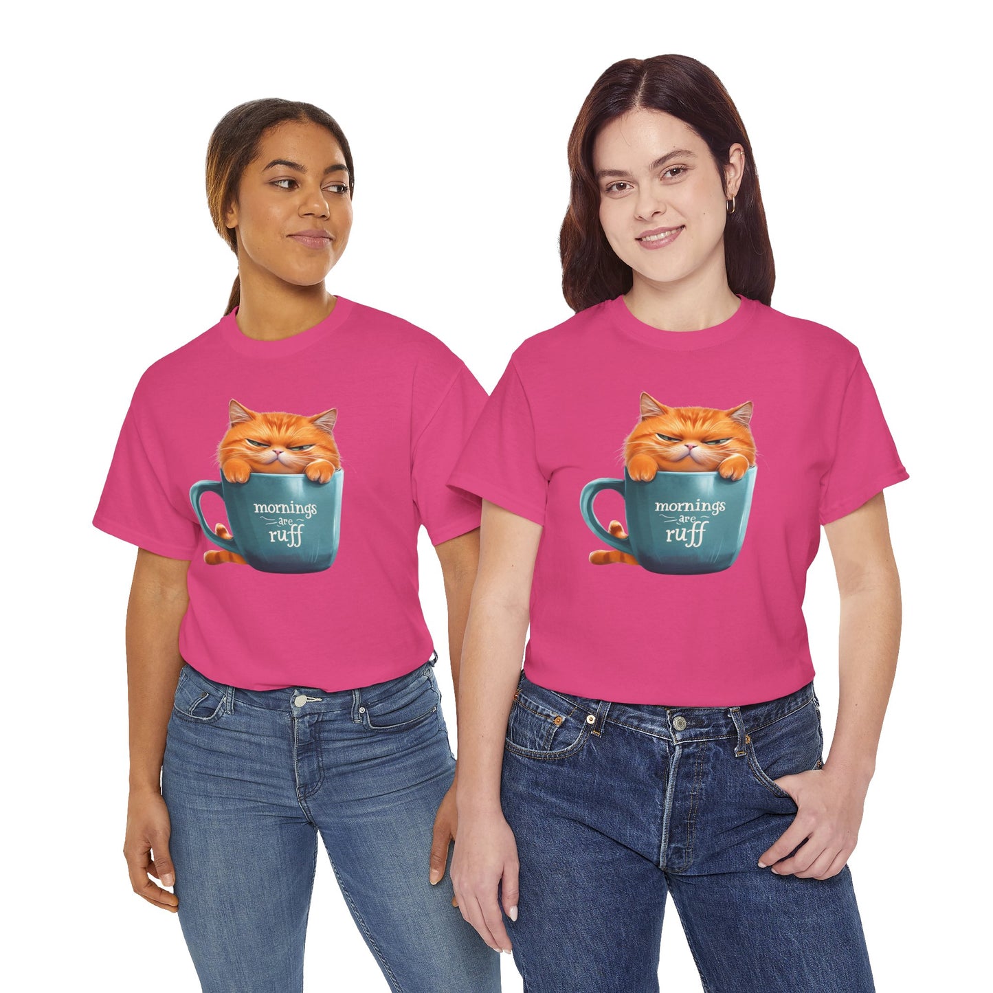 Cat Mug Tee — 'Mornings are Ruff' Funny Cat Graphic T-Shirt