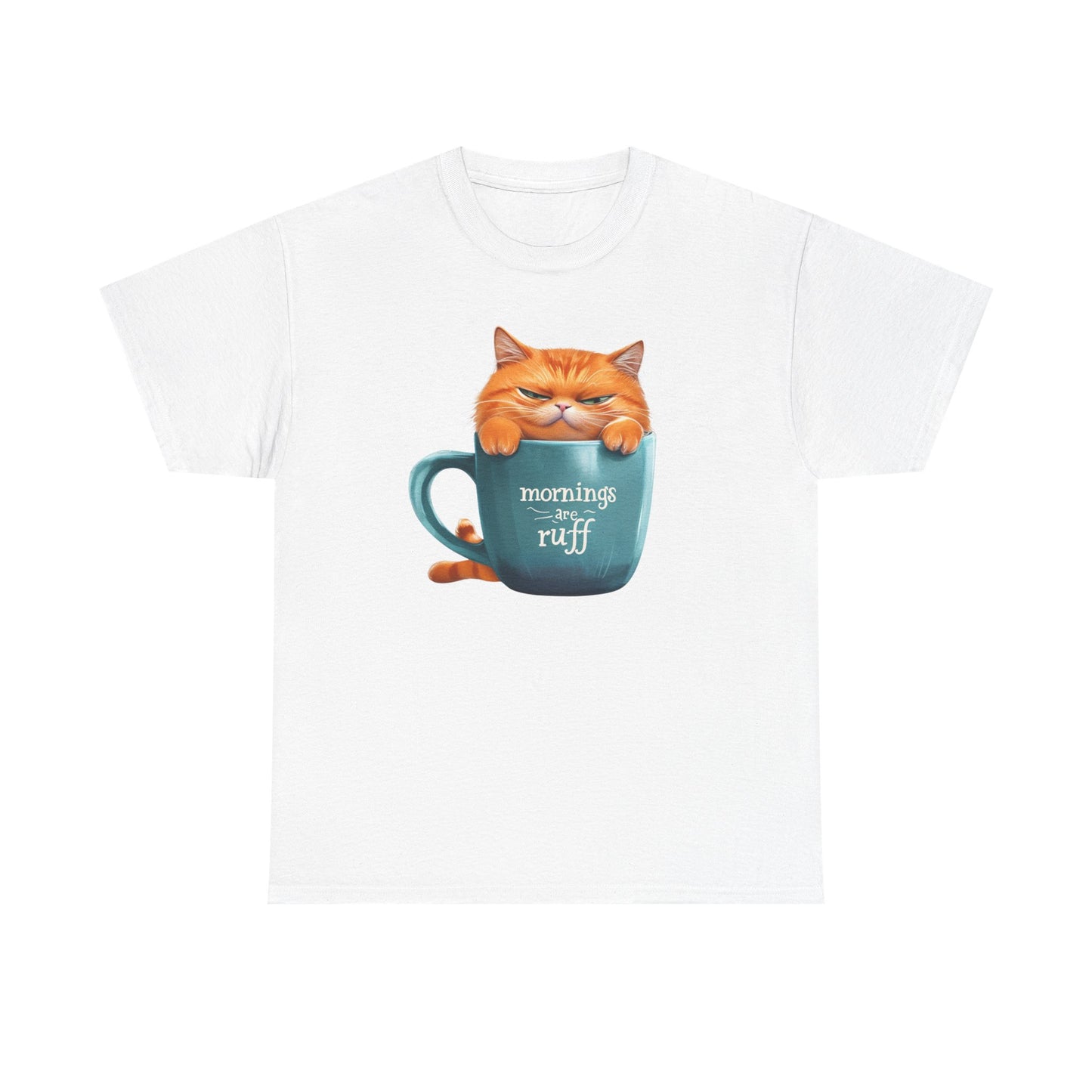 Cat Mug Tee — 'Mornings are Ruff' Funny Cat Graphic T-Shirt