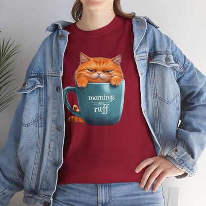 Cat Mug Tee — 'Mornings are Ruff' Funny Cat Graphic T-Shirt