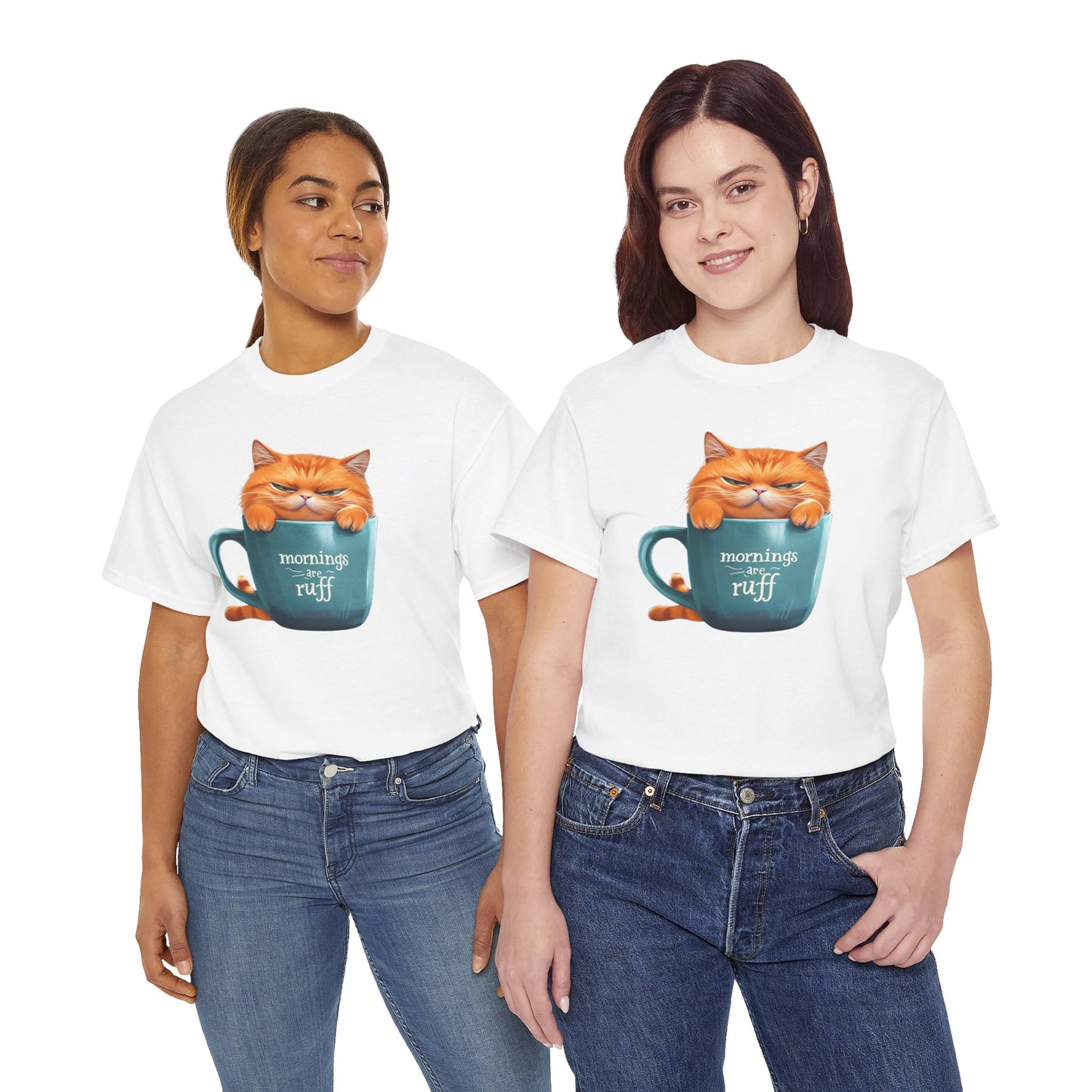 Cat Mug Tee — 'Mornings are Ruff' Funny Cat Graphic T-Shirt