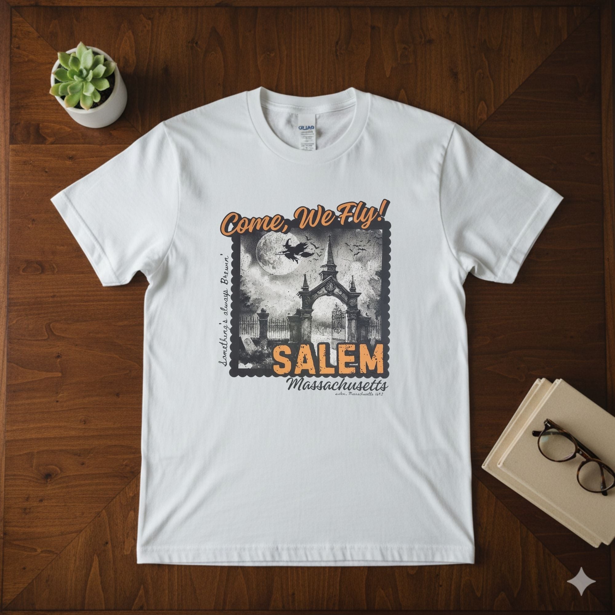 Vintage Salem "Come, We Fly!" Witch Tee | Retro Massachusetts Halloween Shirt