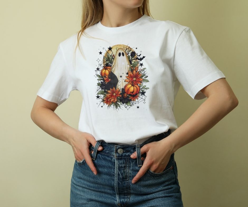Gothic Botanical Ghost & Black Cat Tee | Spooky Elegant Halloween Floral Shirt
