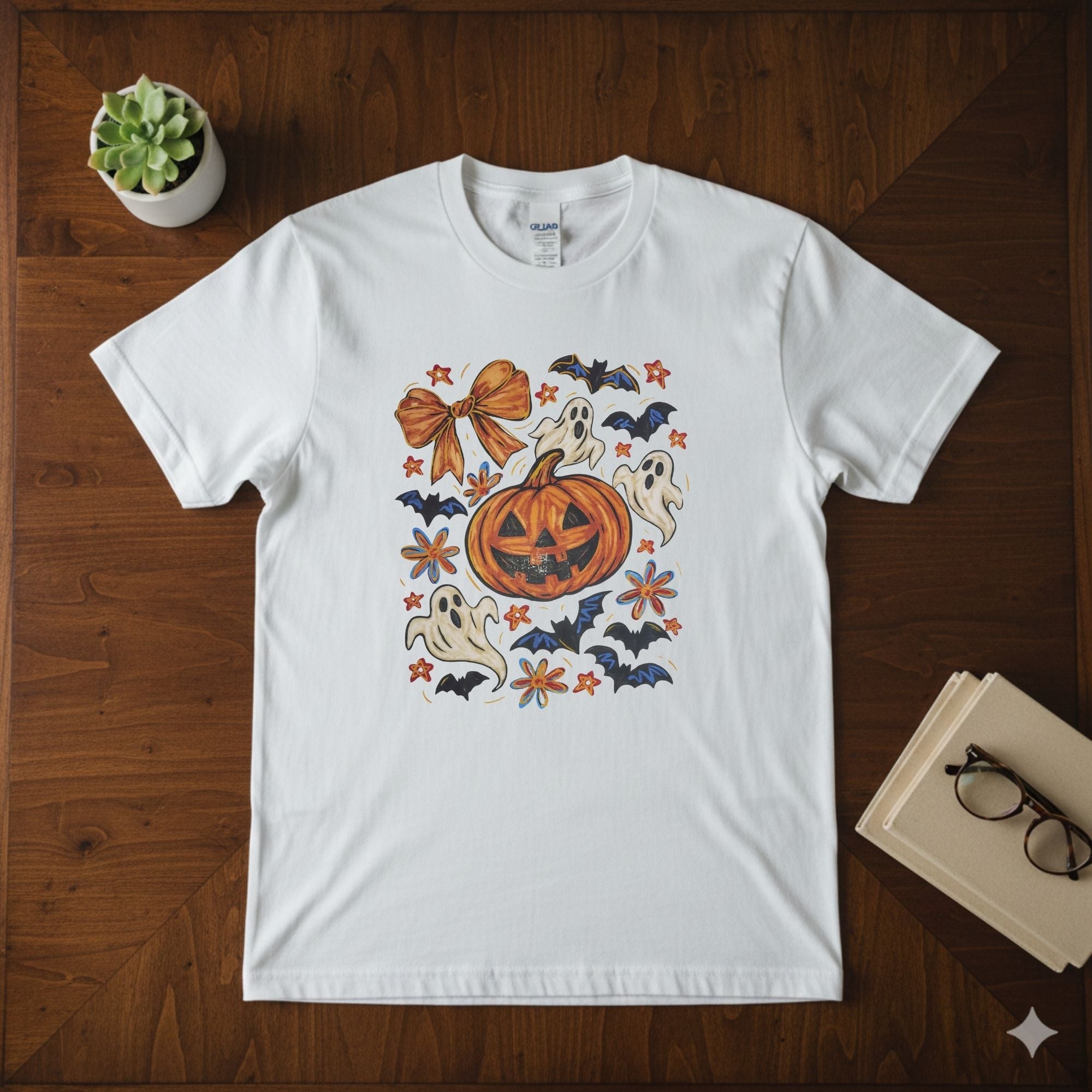 Retro Groovy Halloween Tee | Hand-Drawn Pumpkin & Ghosts Graphic Shirt