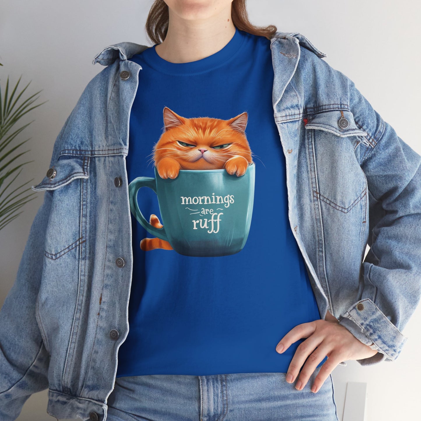 Cat Mug Tee — 'Mornings are Ruff' Funny Cat Graphic T-Shirt