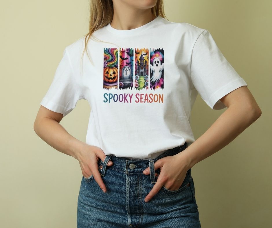 Vibrant Spooky Season Panels Tee | Watercolor Halloween Collage Graphic Shirt