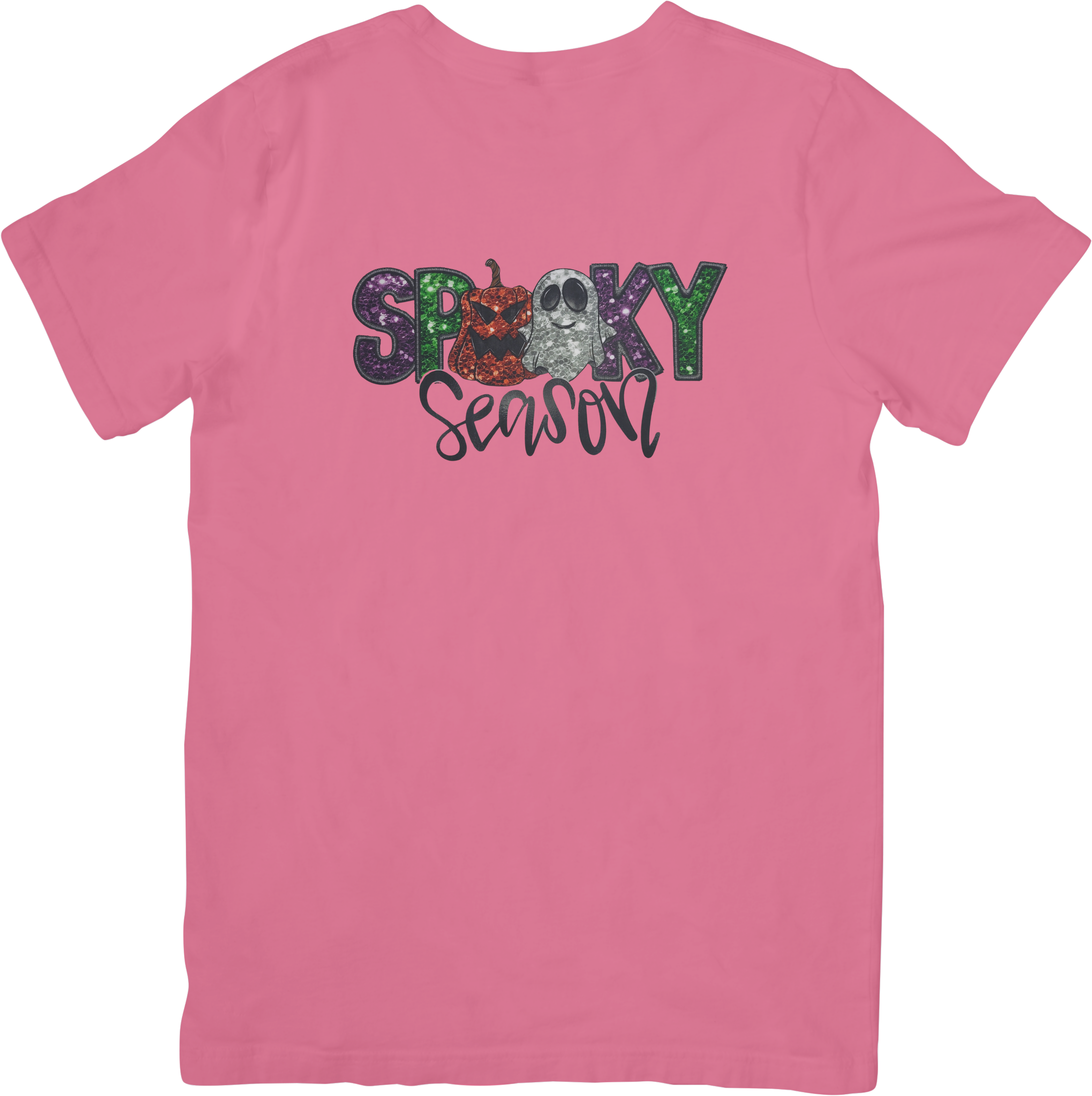 Spooky Season Sparkly Print Graphic Tee | Glitter Print Ghost & Pumpkin Halloween Shirt