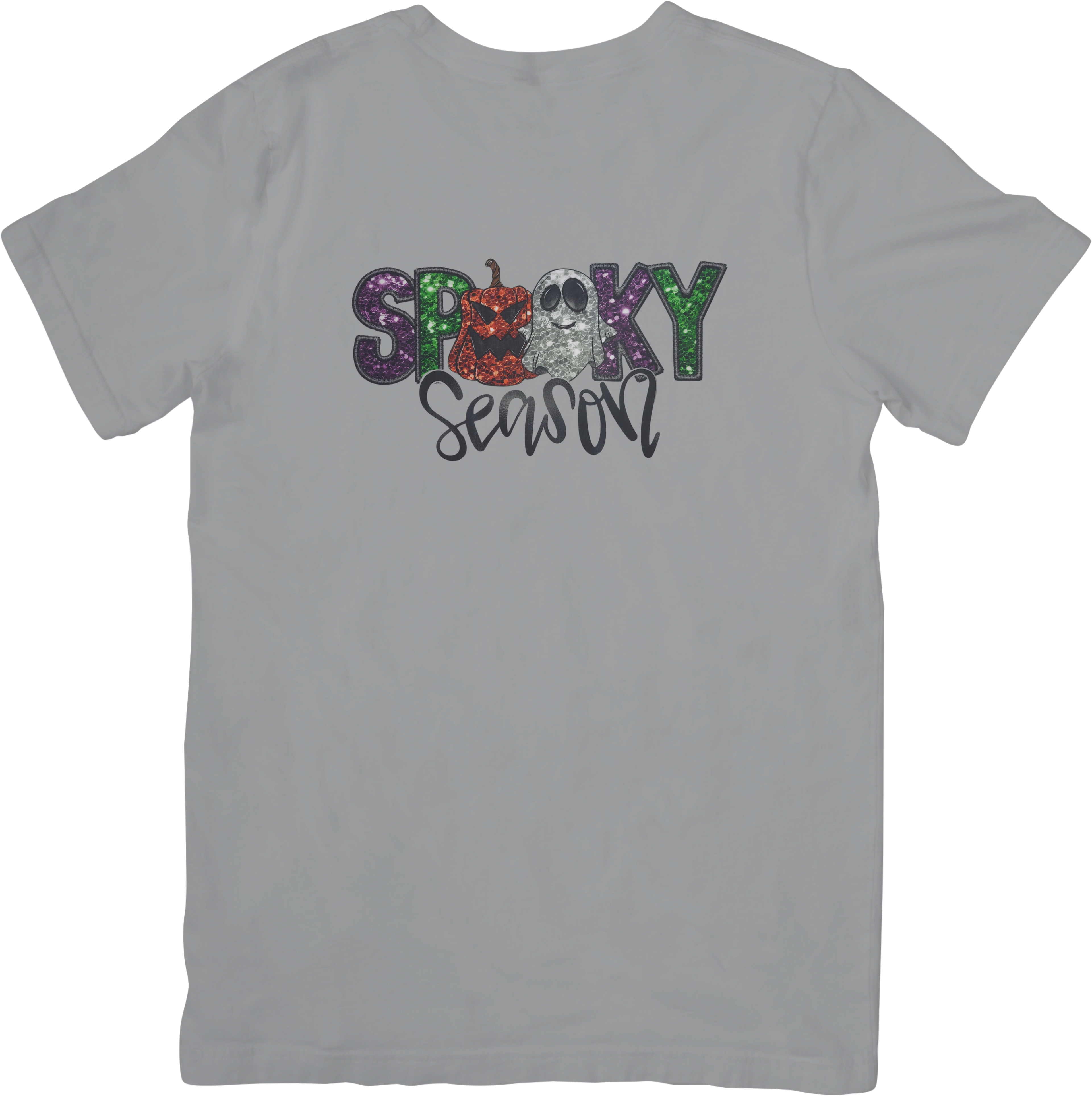 Spooky Season Sparkly Print Graphic Tee | Glitter Print Ghost & Pumpkin Halloween Shirt