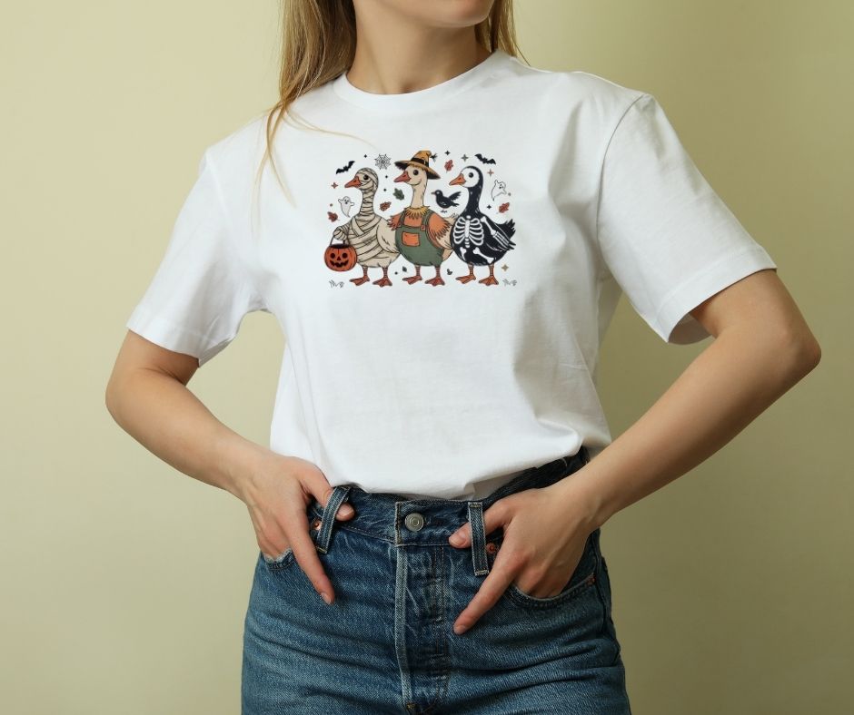 Funny Halloween Geese Trio Tee | Quirky Trick-or-Treating Goose Shirt