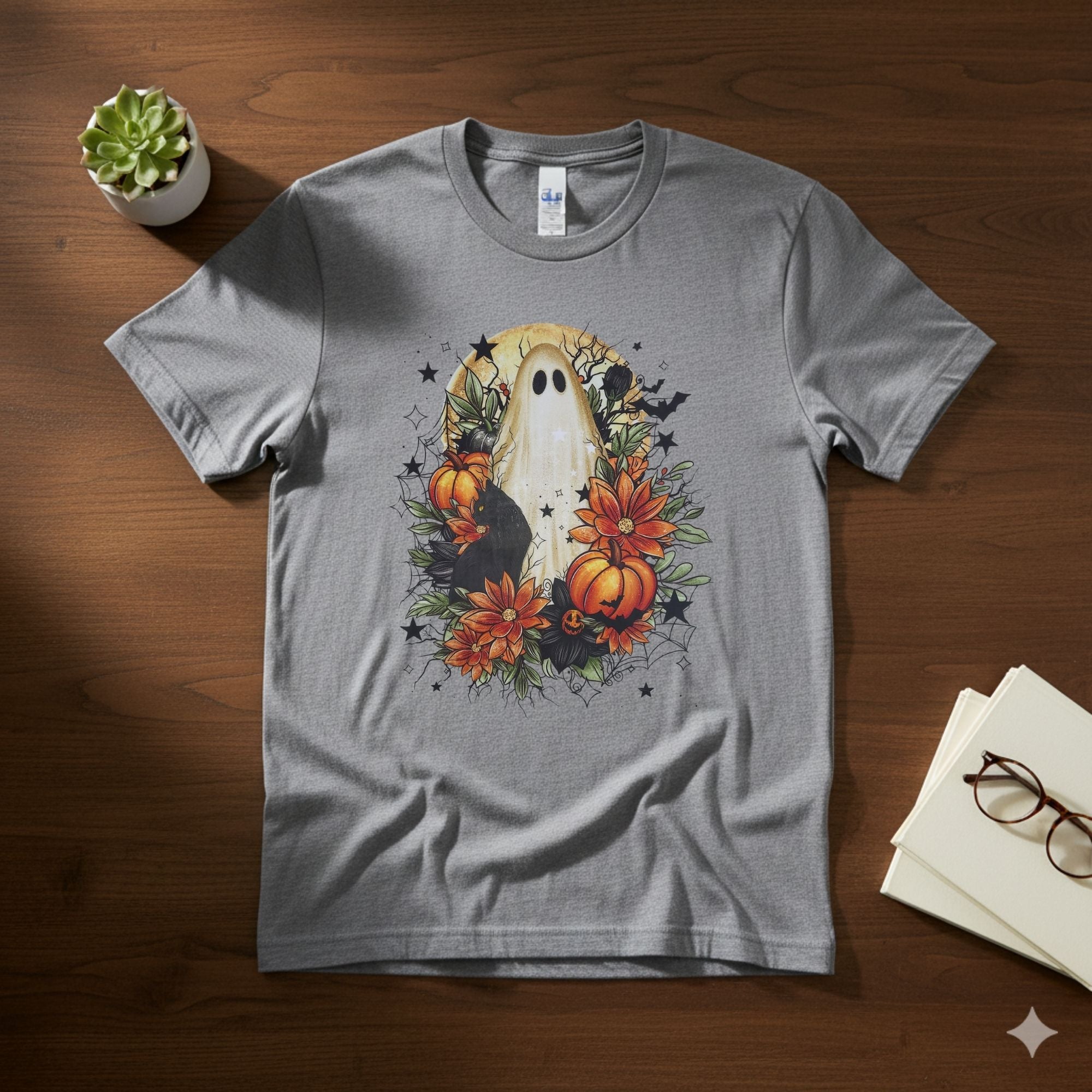 Gothic Botanical Ghost & Black Cat Tee | Spooky Elegant Halloween Floral Shirt