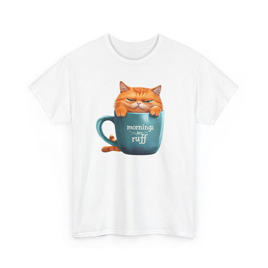 Cat Mug Tee — 'Mornings are Ruff' Funny Cat Graphic T-Shirt