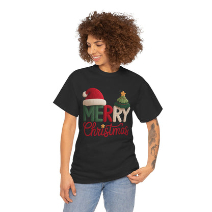 Merry Christmas Tee – Festive Santa Hat & Tree Holiday Shirt