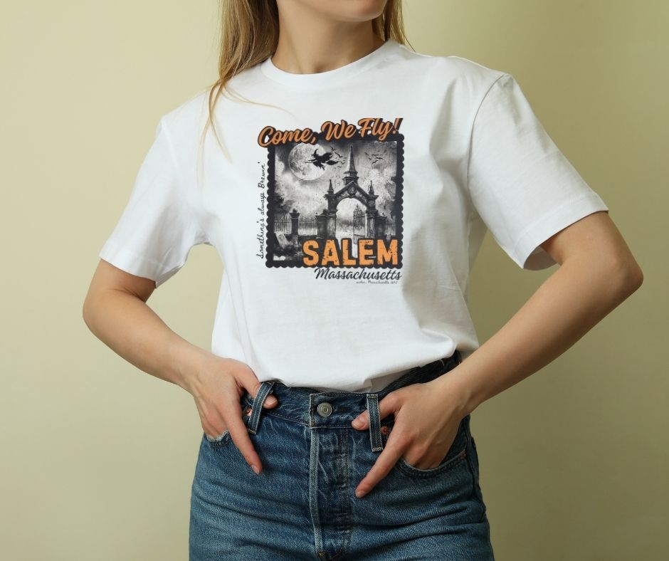 Vintage Salem "Come, We Fly!" Witch Tee | Retro Massachusetts Halloween Shirt