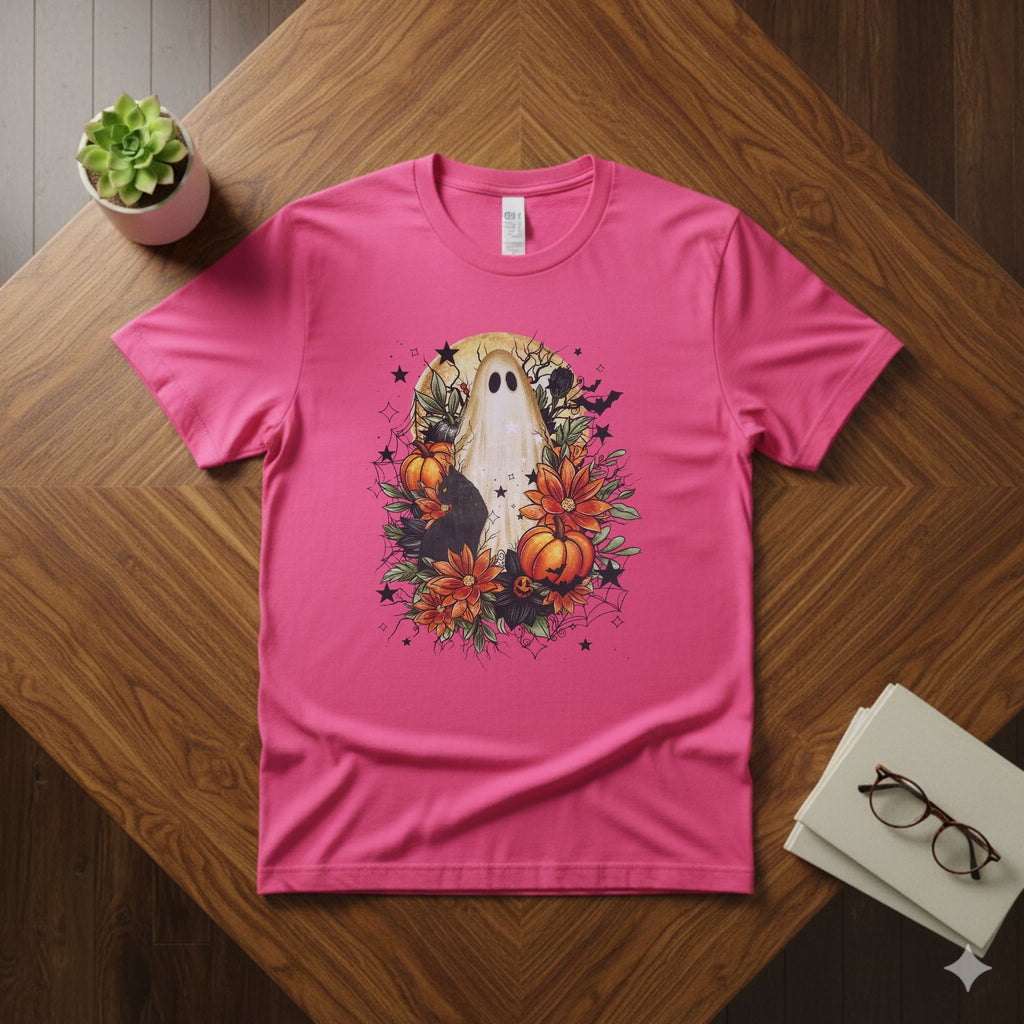 Gothic Botanical Ghost & Black Cat Tee | Spooky Elegant Halloween Floral Shirt