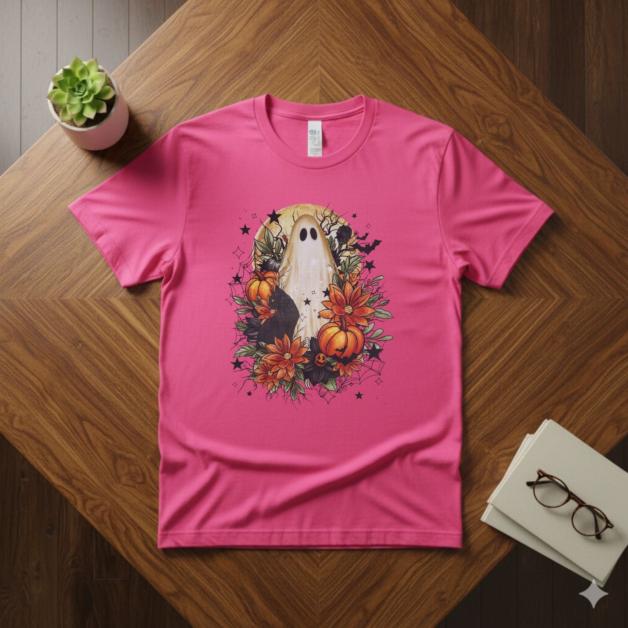 Gothic Botanical Ghost & Black Cat Tee | Spooky Elegant Halloween Floral Shirt