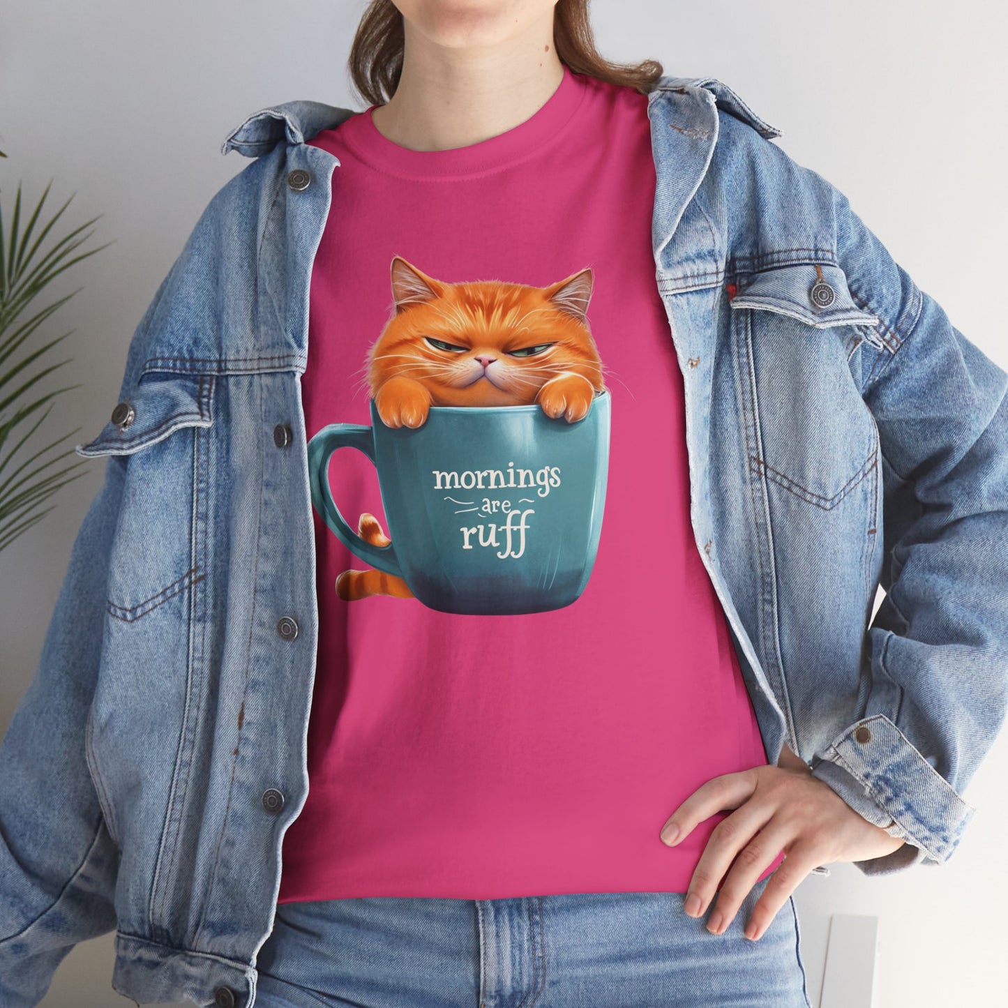 Cat Mug Tee — 'Mornings are Ruff' Funny Cat Graphic T-Shirt