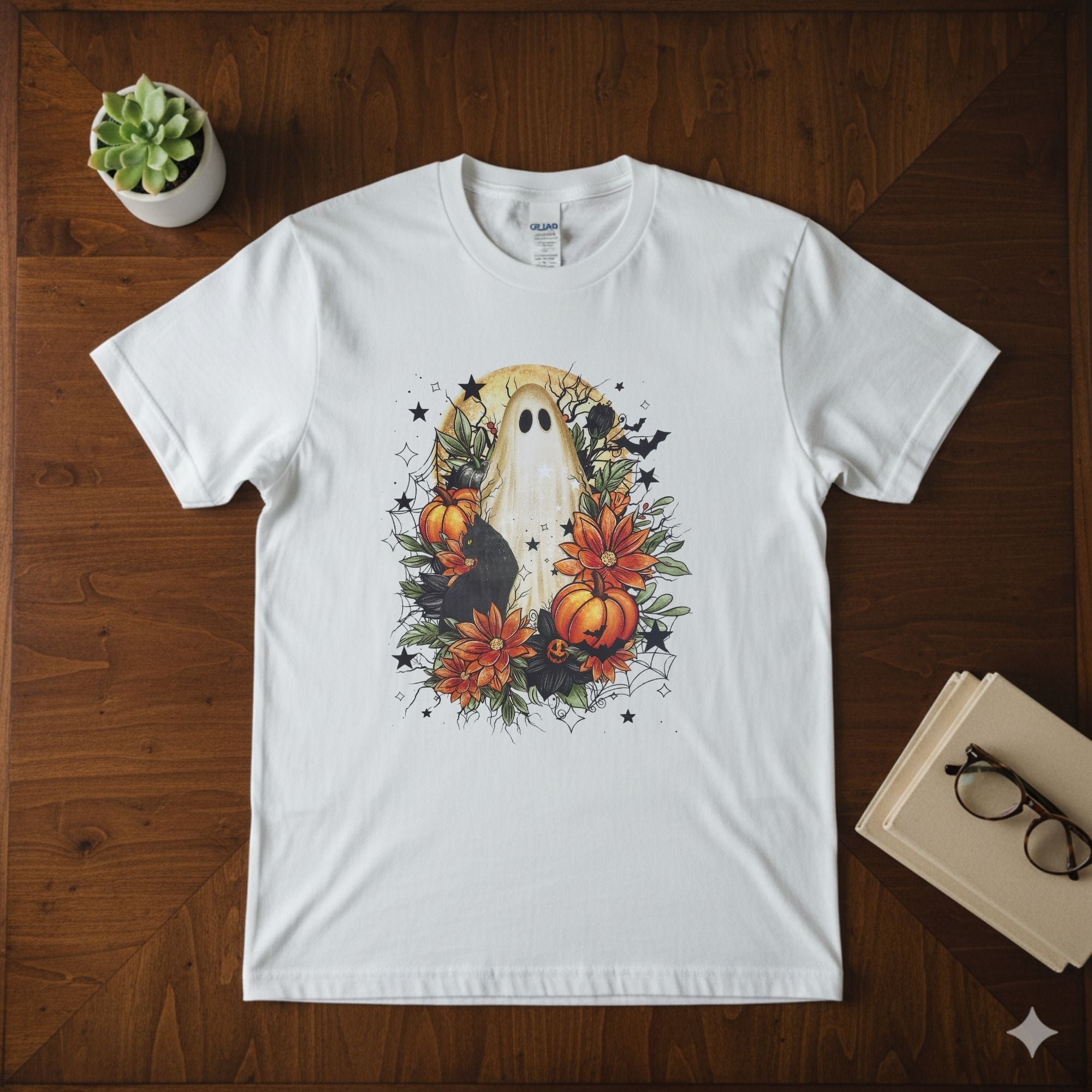 Gothic Botanical Ghost & Black Cat Tee | Spooky Elegant Halloween Floral Shirt