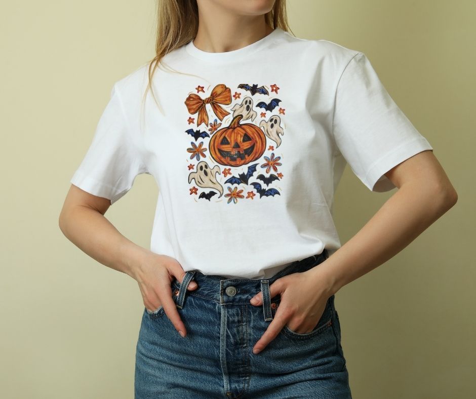 Retro Groovy Halloween Tee | Hand-Drawn Pumpkin & Ghosts Graphic Shirt
