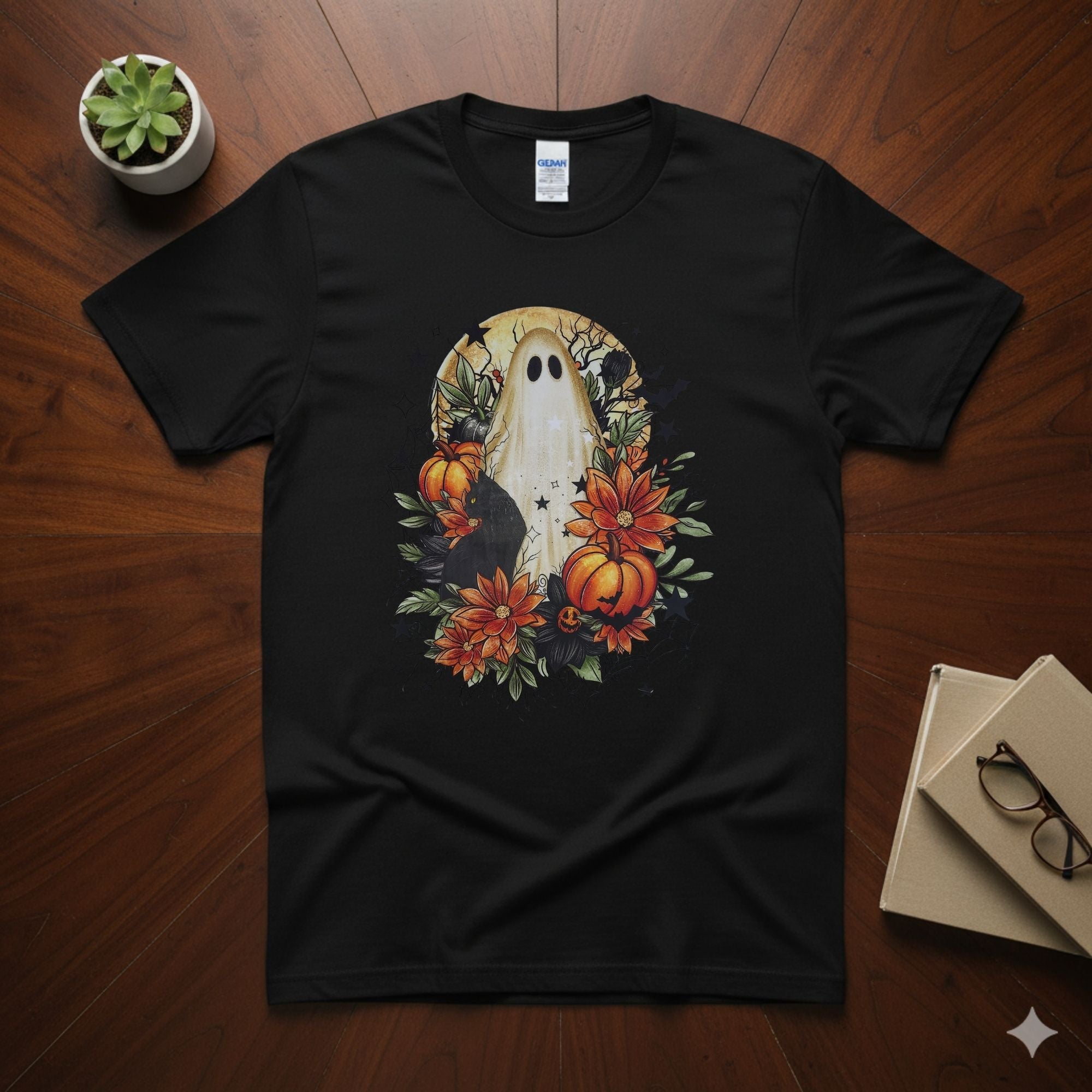 Gothic Botanical Ghost & Black Cat Tee | Spooky Elegant Halloween Floral Shirt
