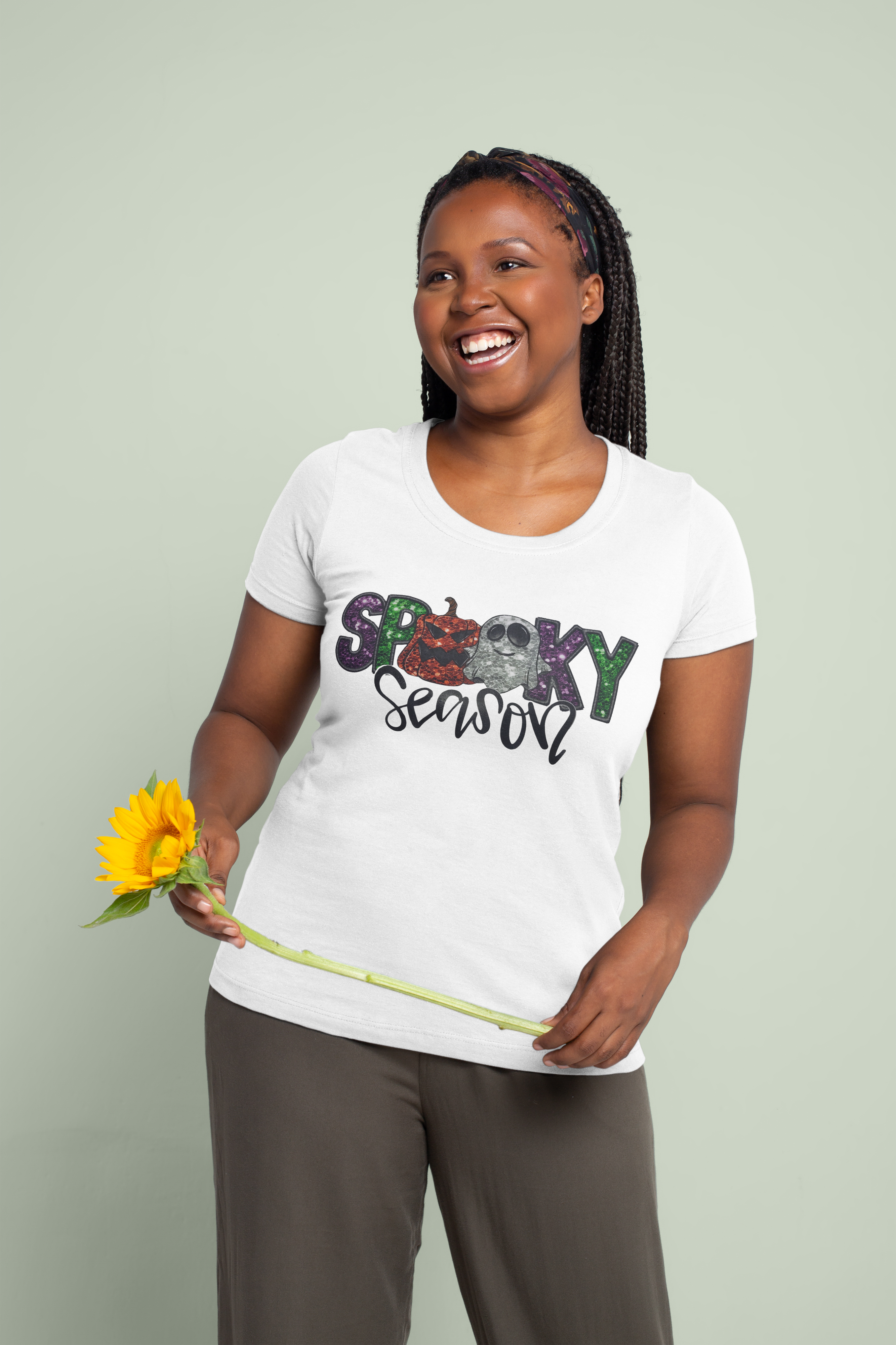 Spooky Season Sparkly Print Graphic Tee | Glitter Print Ghost & Pumpkin Halloween Shirt