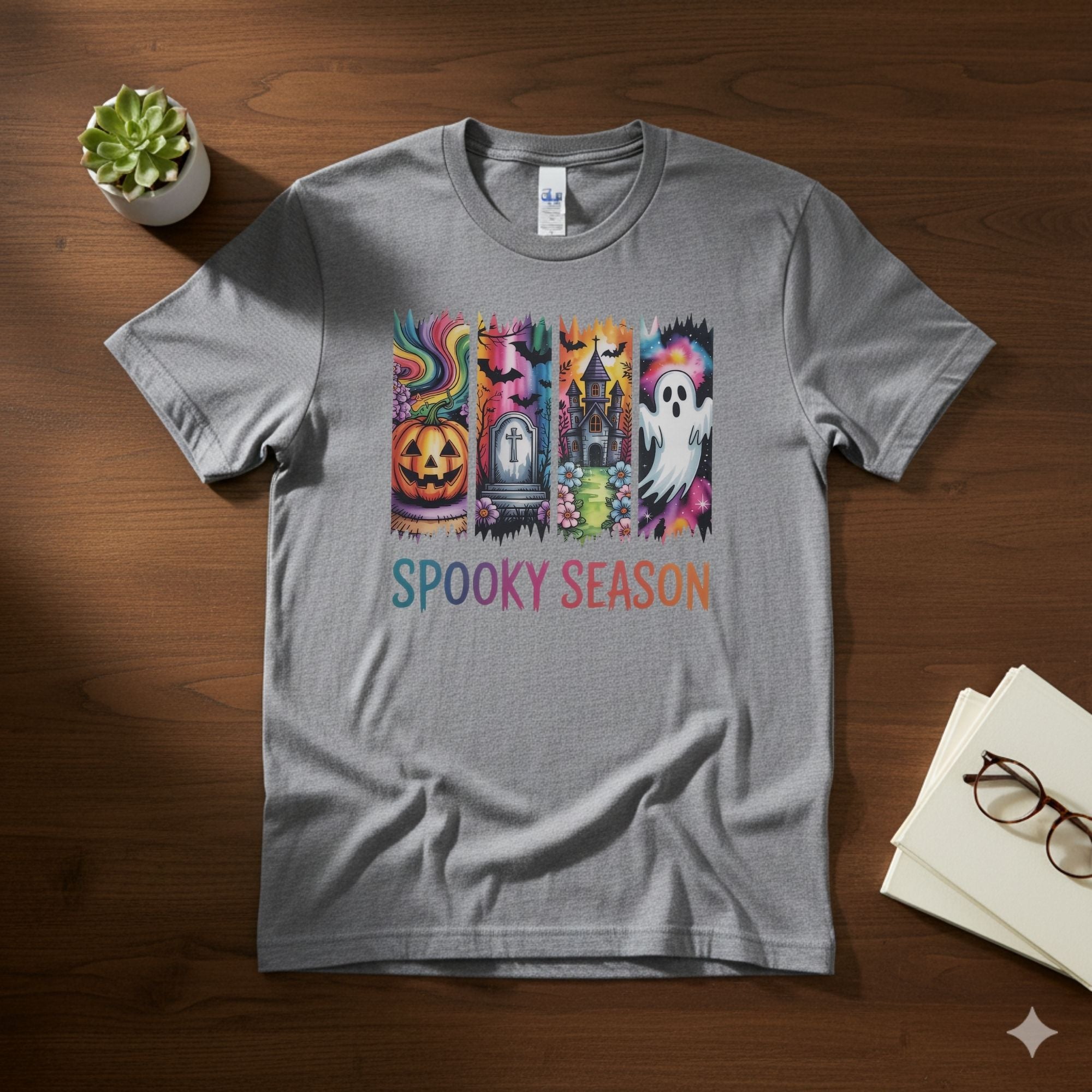 Vibrant Spooky Season Panels Tee | Watercolor Halloween Collage Graphic Shirt
