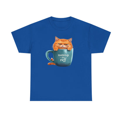 Cat Mug Tee — 'Mornings are Ruff' Funny Cat Graphic T-Shirt