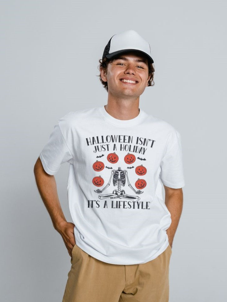 "Halloween Isn't Just a Holiday, It's a Lifestyle" Tee | Yoga Skeleton & Pumpkins Shirt