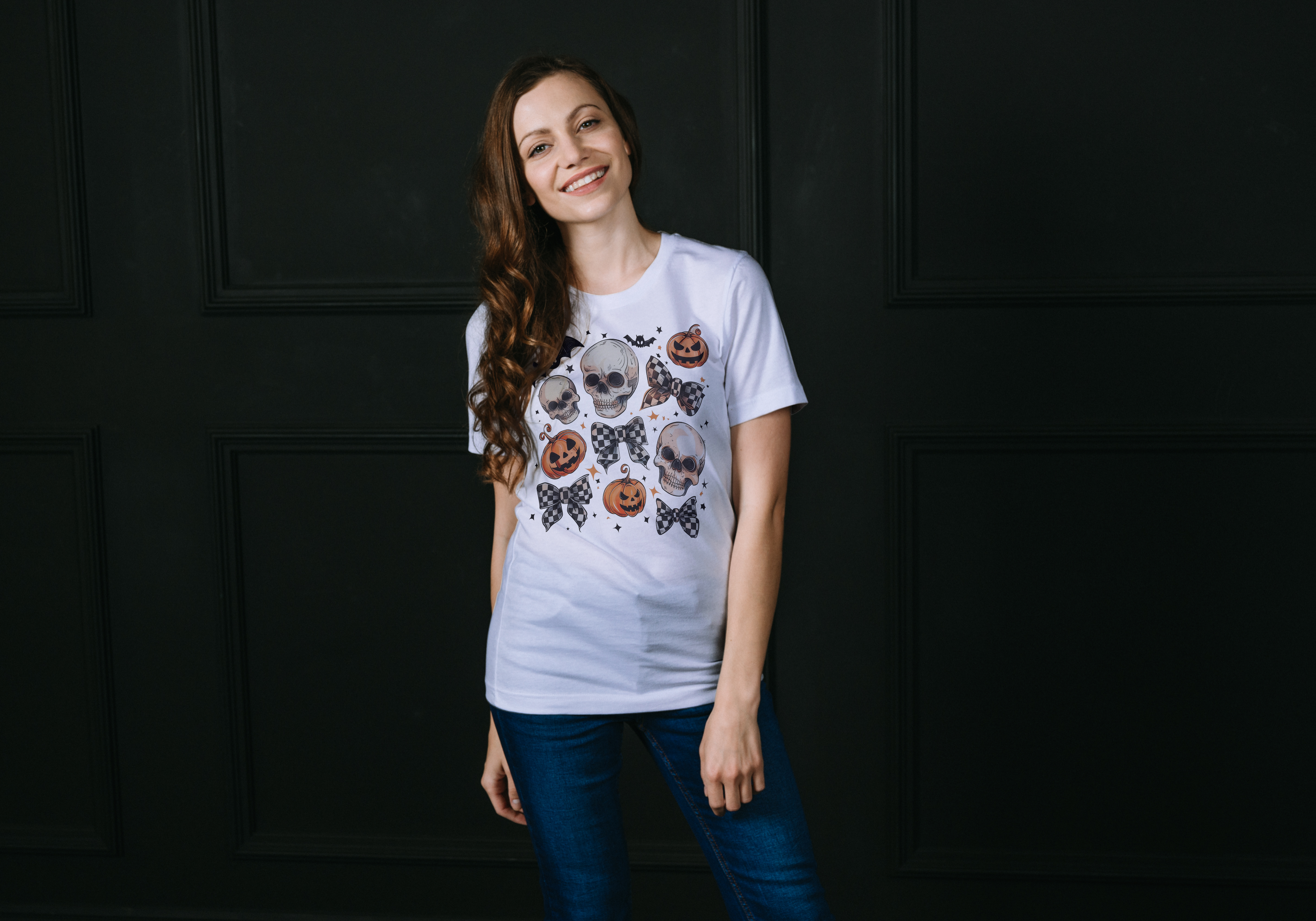 Spooky Coquette Halloween Tee | Skull & Checkerboard Bow Graphic T-Shirt